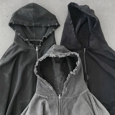Custom Appltique Hooded Jacket Oversized Cotton Raw Hem Distressing Acid Wahed Hoodies Men's Heavyweight Distressed Hoodie