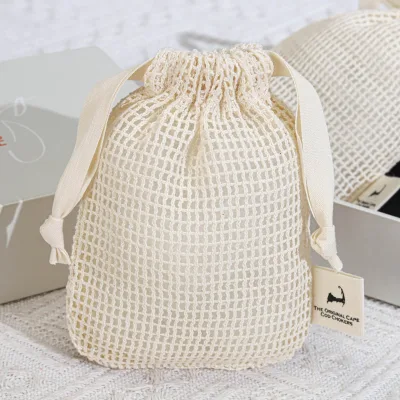 Natural Organic Cotton Mesh Soap Packaging Drawstring Bag Custom Logo Printed Cosmetic Makeup Soap Pouch