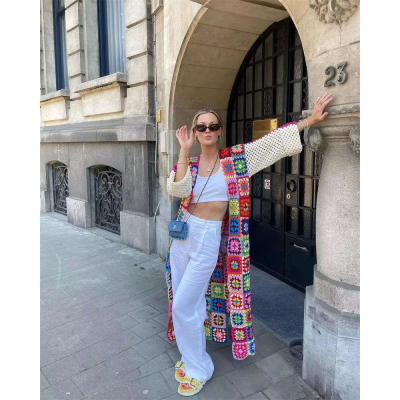 Autumn New Retro Handmade Grandmother Pattern Crochet Hollow Middle Long Knitted Cardigan Women's Sweater