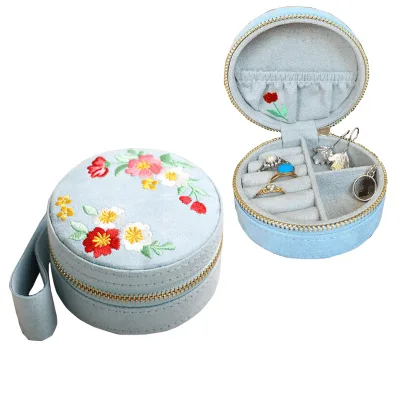 Gorgeous Embroidery Flower Jewellery Box Light Blue Pendant Beads Bracelets Earring Sets Box Zipper Jewelry Packaging with logo