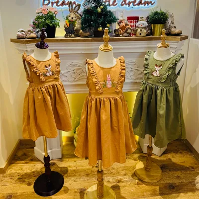 Designer Cute Animal Embroidered Cotton Linen O-Neck Outdoor Casual Wear Kids Dress