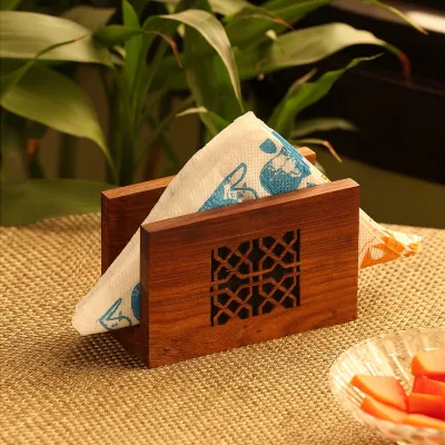 Hand Carved Jaali Sheesham Wood Napkin Holder, Wooden Tissue Stand for Dining Table Kitchen Table Decor