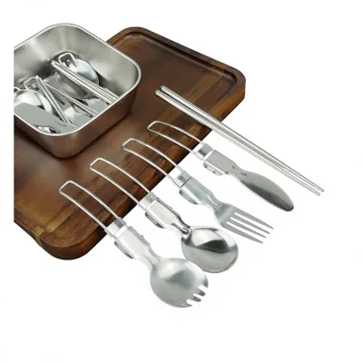 Outdoor Picnic Folding Knife Fork Spoon Chopsticks Set Storage Box Stainless Steel Eco-Friendly Lightweight Portable Camping