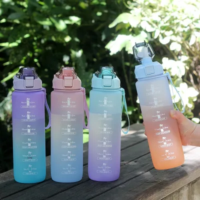 Gradient-color PC Material Frosted Straw Spout Water Bottle with Carry Strap 1L Portable Gym Sports Bottle