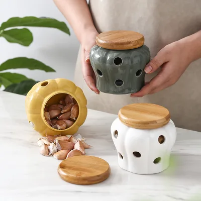 Ceramic Garlic Keeper with Wood Lid Large Garlic Storage Container White Garlic Saver for Kitchen