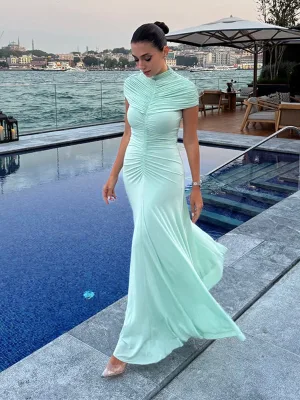 Solid Chic Pleated Long Dresses for Women Elegant Turtleneck Short Sleeve Slim A-line Dress Temperament Highstreet Party Robes