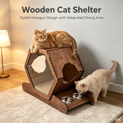 Multifunctional Solid Wood Cat Bed Cave With Stainless Steel Bowls and Sisal Pad for Kitten Play Area Home Activity Center