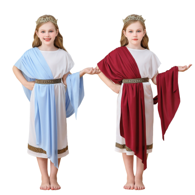 Cosplay Children Greek Mythology Costume in White Red Roman Toga for Carnival Performance Long Robe Dress