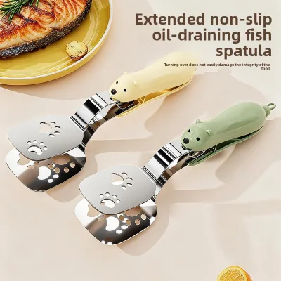 Bear-Shaped Fish-Searing Spatula Tongs Combo 304 Stainless Steel Food Tongs Extended Non-Slip Scald-Proof Heat-Resistant 2-Piece