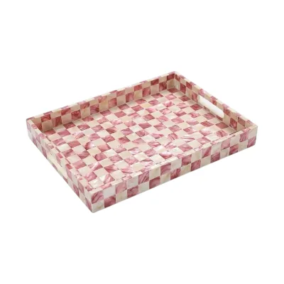 Luxury Rectangle Mother of Pearl Shell Inlay Serving Tray Blue Checkered Mosaic Decorative Ottoman Storage Tray Wholesale