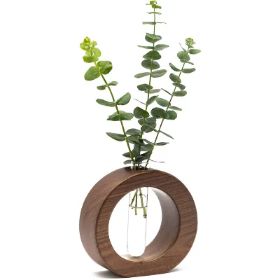 Glass Vase Solid Handmade Modern Rustic Tribal Carved Bamboo Wood Vase for Home Decor