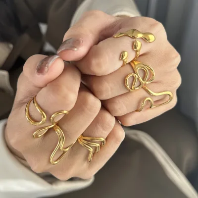 Fashion Stainless Steel Liquid Ring Irregular Exaggeration Adjustable Ring Design Ring