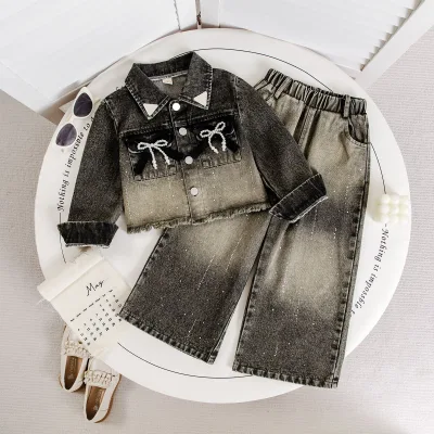 Girls' Denim Set Gradient Gray Denim Jacket with Bow Decoration and Wide-Leg Pants Stylish Two-Piece Outfit for Girls
