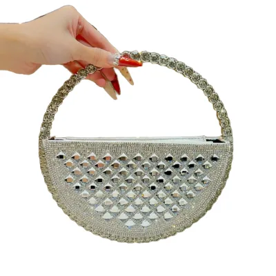 2026 Luxury Half-round Rhinestone Clutch Circular Handle Crossbody Evening Bag for Women Polyester Lining Waterproof Lightweight