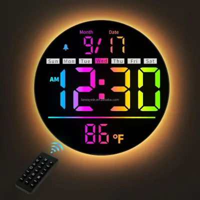 Large Round Digital Wall Clock, 11RGB Colors,Remote Control, Auto-Brightness,Temperature,DST,Night Light,Count Down Timer