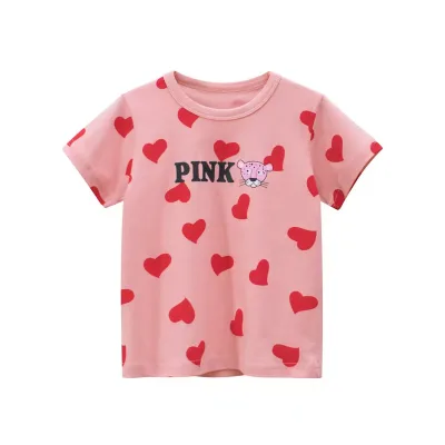 OEM Customizable Design Pink Short Sleeve Tshirt With Flower Pattern Summer Breathable Cotton Girl's T-shirt