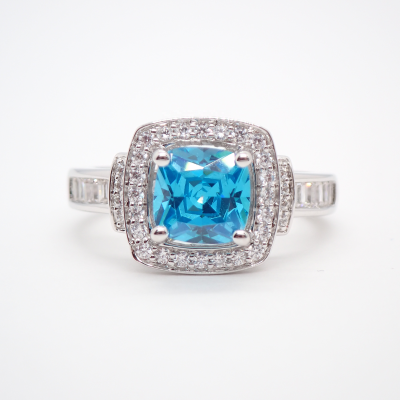 Classic Women's Sterling Silver Blue Topaz Ring Rhodium Plated with Cushion Shape Elegant Style