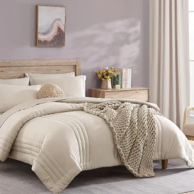New Style Super Soft 7 Piece Breathable Solid Color Apricot Beige King Size Comforters Bed Sheet Set