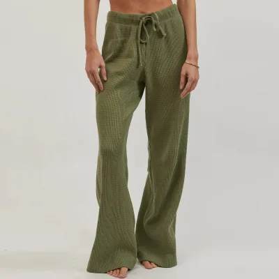 OEM High Quality Women Casual High Waisted Waffle Flare Sweat Pants Thermal Wide Leg Pants