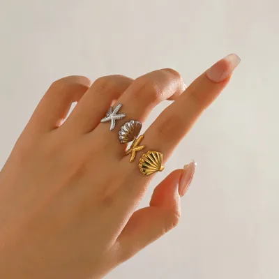 European and American Fashion-Inspired Stainless Steel Starfish and Shell Design Open Ring, Exuding a Feminine Vibe-perfect for