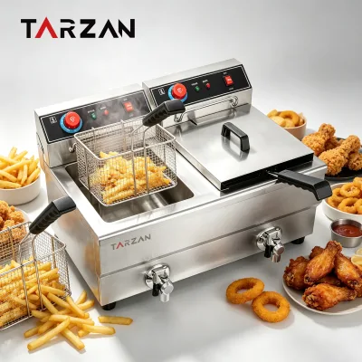 TARZAN 10L+10L Commercial Electric Deep Fryer Stainless Steel Dual Tank with Oil Drain Tap for Chicken Fries Snack Shop
