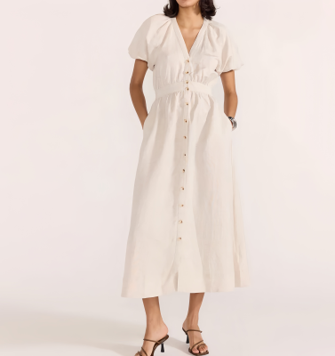 New Design Dress for Woman Linen Breathable Comfortable 100% Linen Dress Deep V-neck Button Summer Dress