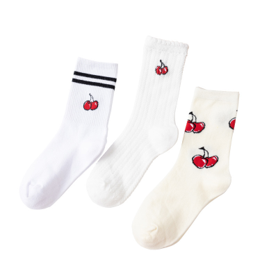 Women Cherry Crew Custom Design White Cotton Sock logo Socks Stock Lot Sox