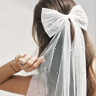 Bridal Shower Pearl Party Veils Women Girls Bowknot Hair Veils Wedding Bride to Be Short Veils