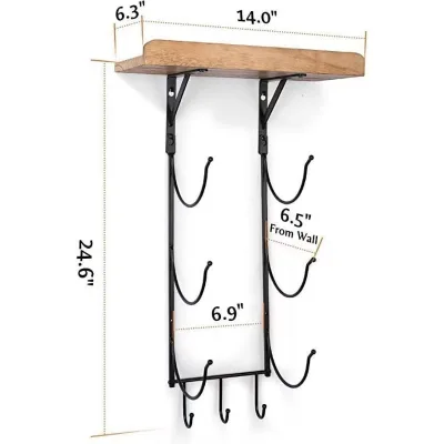 Two-Layer Wooden Wall Rack with Carved Metal Storage Hook Simple Brown for Keys in Bathroom Living Room Kitchen
