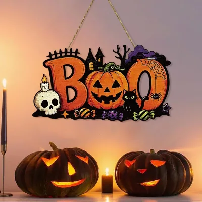 Poplar Wooden Halloween Wood Wall Hanging Door Sign Ghost Skull Spooky Pastoral Design Customized Color Size