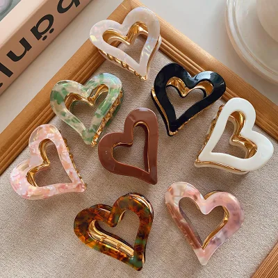Elegant Luxury Cute Sweet Love Heart Shaped Acetate Metal Alloy Medium Hair Claw Clip for Girls Women Luxury Hair Accessories
