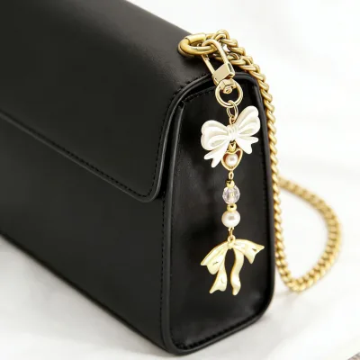 Cute Double Bow Pearl Pendant, Gold Tone Decorative Bag Charm for Keys Luggage Travel Accessories, Fashionable Bag Decor for