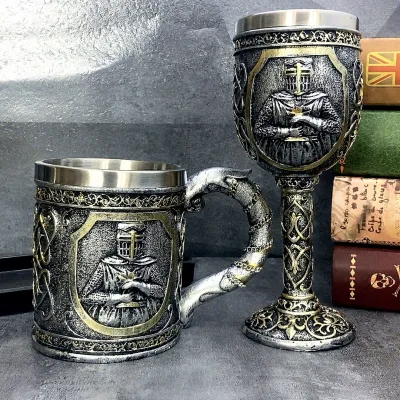 Knight Stainless Steel Highball Glass Vintage Beer Mug Whiskey Tumbler Creative Embossed Retro Skeleton Design Personalized Cup