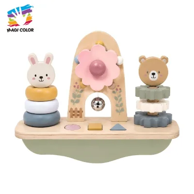 Wooden Multi-Activity Busy Board with Rabbit Stacking Rings, Bear Gears, Flower Shape Sorter,Hanging Bell, Sliding Beads W13D502