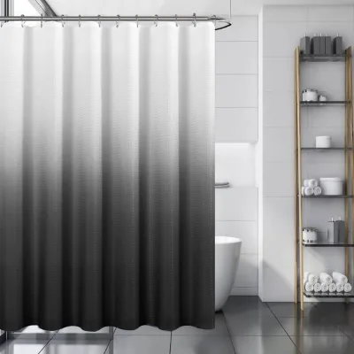 Dark Blue Ombre Polyester Waterproof Design Shower Curtain,Waffle Textured Gradient Fabric Shower Curtain Set with 12 Hooks