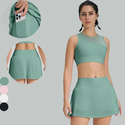 Wholesale New Fashion Breathable Sportswear Fitness Gym Workout 2 Piece Pleated Tennis Skirt Set