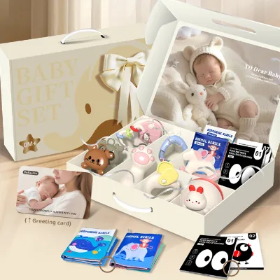 11-Piece Soft Plastic Rattle Gift Box for Newborn Baby with Tumbler Toy Hand Bell Cloth Book & Ringing Bell Set