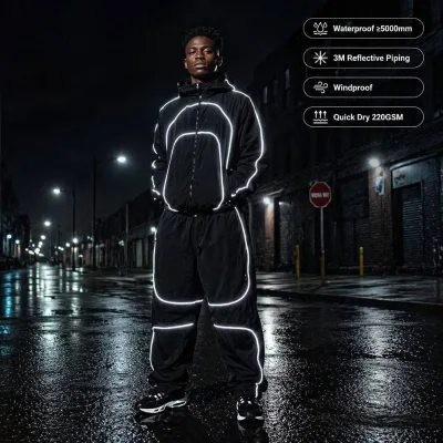 Custom OEM Nylon Waterproof Windbreaker Tracksuit Men | Reflective Jogger Two-Piece Set | Manufacturer Low MOQ