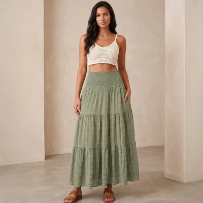 2026 New Arrival Polyester Terylene Beaded Anti-Wrinkle High-Waist Bohemian-Style Flared Midi Skirt with Pockets for Women