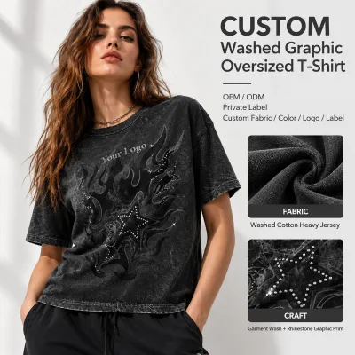 OEM Women Tee Heavy Cotton Jersey Garment Washed Rhinestone Graphic Print Oversized Short Sleeve Crew Neck Streetwear T Shirt