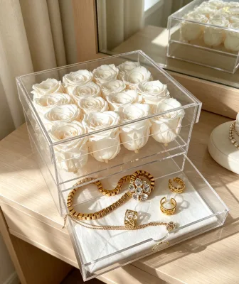 Custom Clear Acrylic Dual Layer Preserved Rose Jewelry Storage Box With Pull Out Velvet Drawer