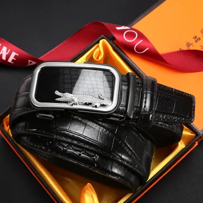 New Genuine Leather Men's Belt Crocodile Pattern Automatic Buckle Business Belt Cowhide Simple Fashion Waistband