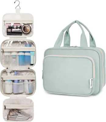Custom New Large Waterproof PU Leather Green Hanging Toiletry Bag for Women Beauty Wash Cosmetics Pouch Travel