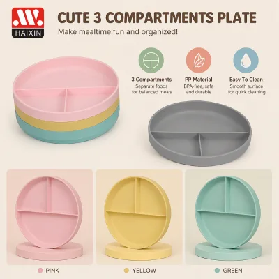 Home Restaurant 3-Compartment Microwave Cute Kids Party Round Kids Plastic Food Plate