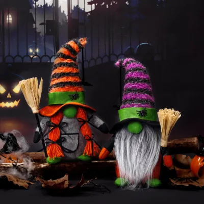 Nice Halloween Orange Black Gnomes With Pumpkin Broom Halloween Witch Faceless Dolls Home Ornament for Halloween