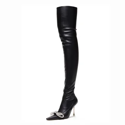 Patent Leather Thigh High Pumps Women's Long Boots Diamonds Bow-knot Skintight Sexy Ladies Nightclub Over Knee Shoes