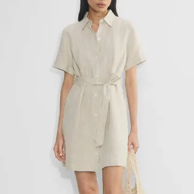 High Quality 100% Linen Shirt Dress with Belt Natural Waist Button Detail Casual Summer Style Breathable & Anti-Wrinkle