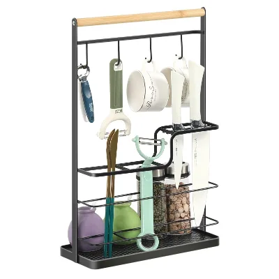 Multi Function Kitchen Counter Organizer Rack Metal Utensil Mug Knife Storage Holder with Bamboo Handle and Hooks