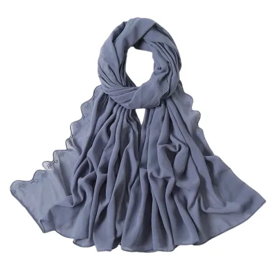 New Pearl Chiffon Lace Embroidered New Hijab Design 2023 of Solid Color Hijab Fashion Silk Scarf Crinkle Hijab