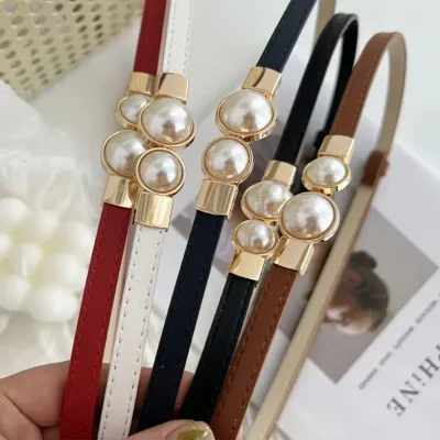 I-0064 Fashion Thin PU Leather Belt Simulated Pearl Elastic Waist Belts Women Dress Skirt Decoration Girls Gifts
